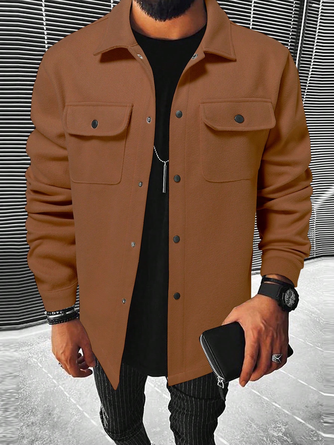 Men's Solid Color Button-Front Pocket Long Sleeve Wool Blend Jacket