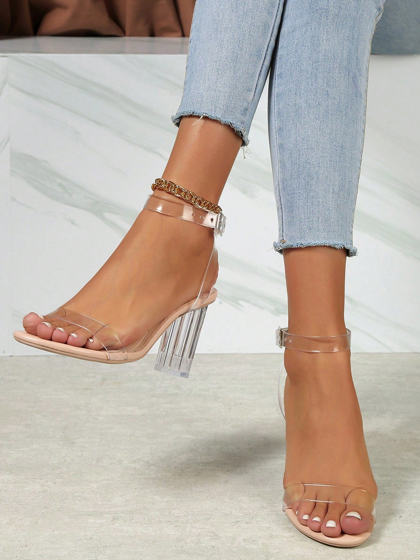 Women's Transparent Square Toe Strap Textured Crystal Chunky Heel Sandals, Beige, Perfect For Evening Dress