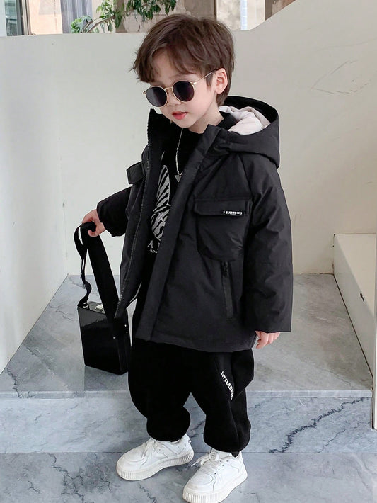 Tween Boy Letter Patched Detail Flap Pocket Hooded Padded Coat