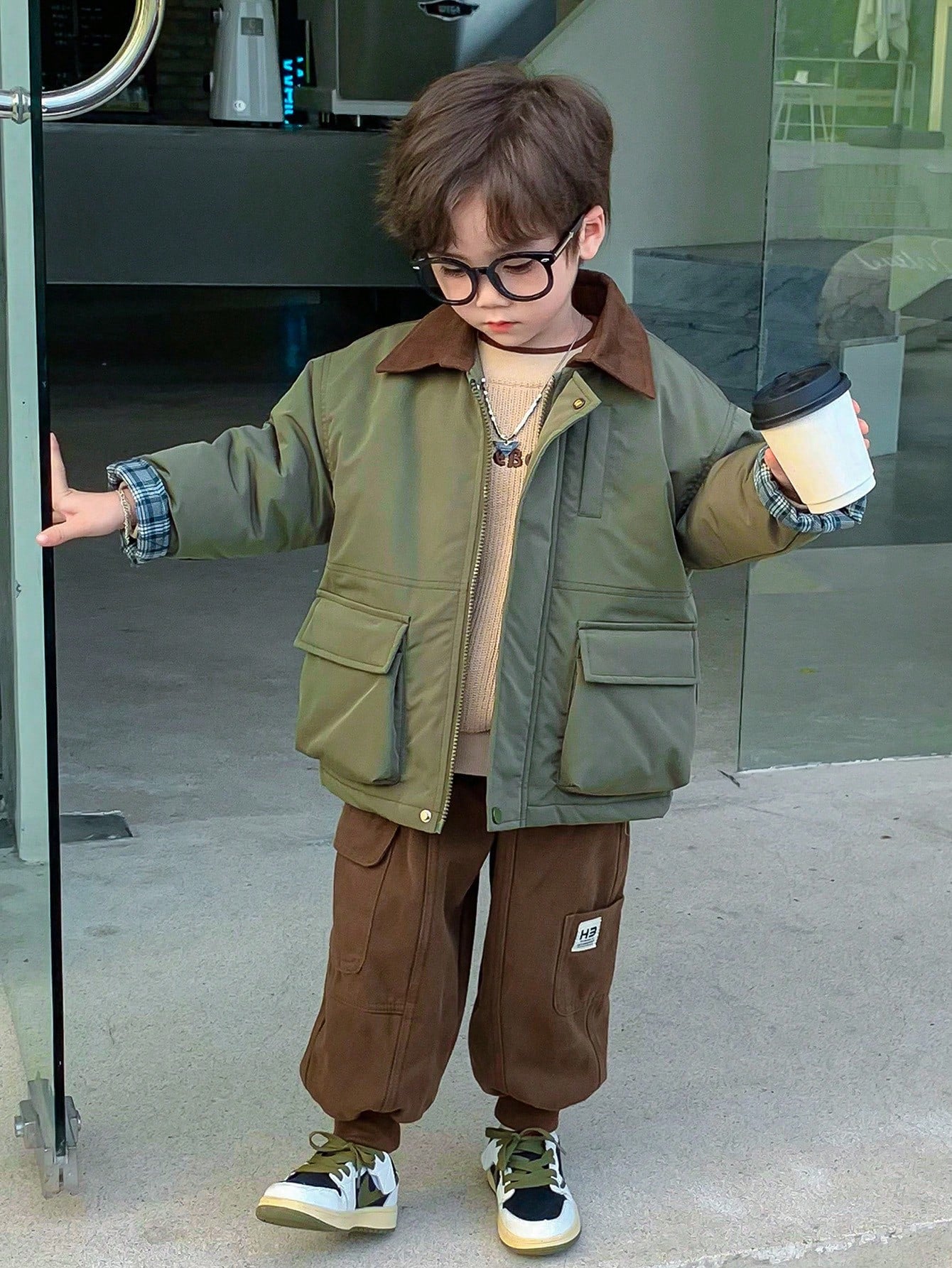 Boys' Color Block Warm Padded Coat With Side Pockets For Casual Wear, Autumn And Winter