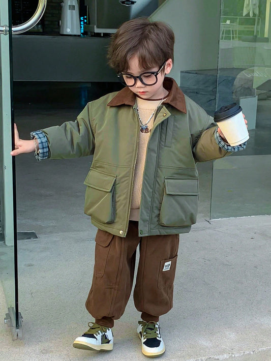 Boys' Color Block Warm Padded Coat With Side Pockets For Casual Wear, Autumn And Winter