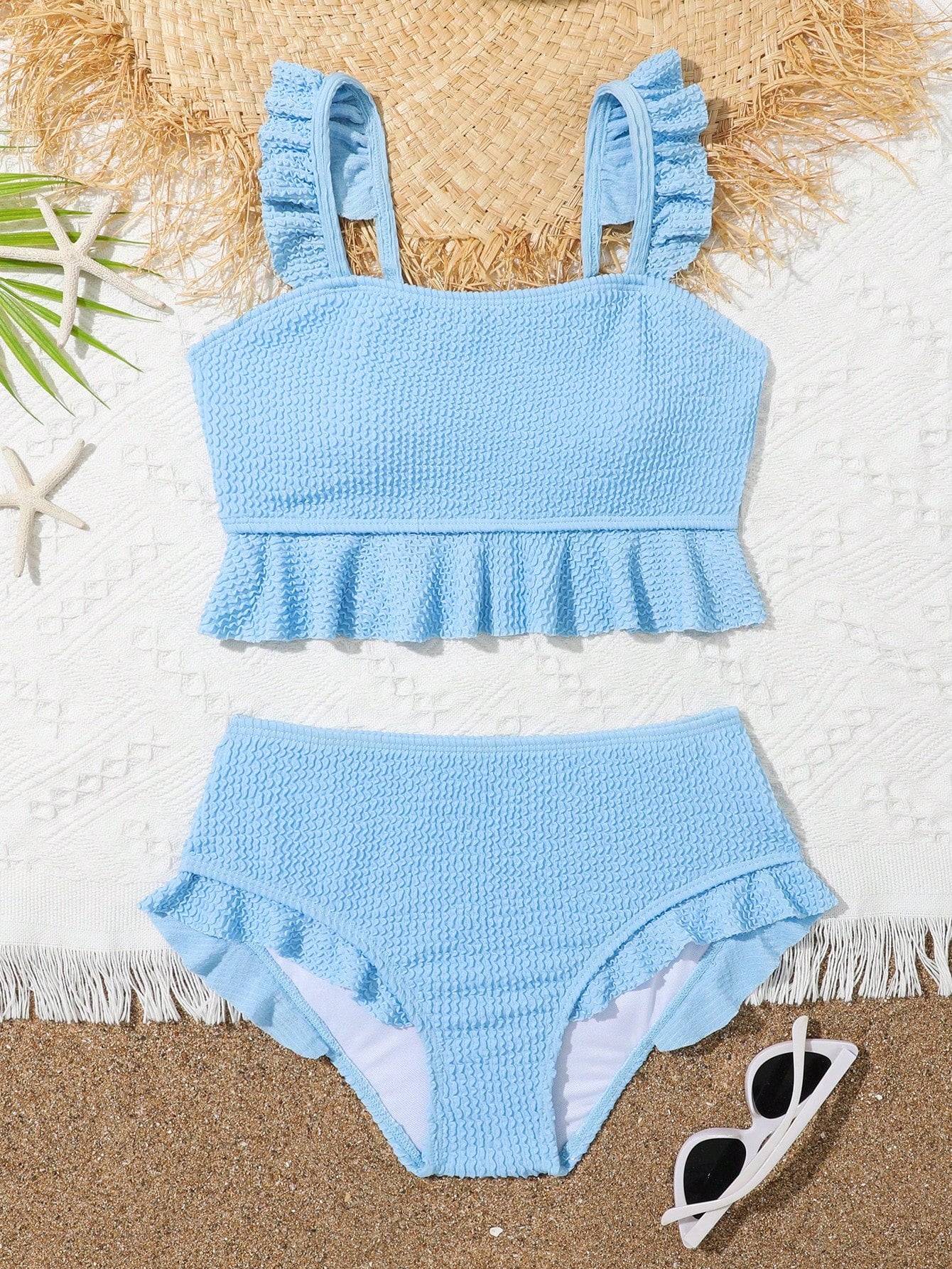 Solid Color Textured Bikini Set With Flounce Trim For Tween Girls