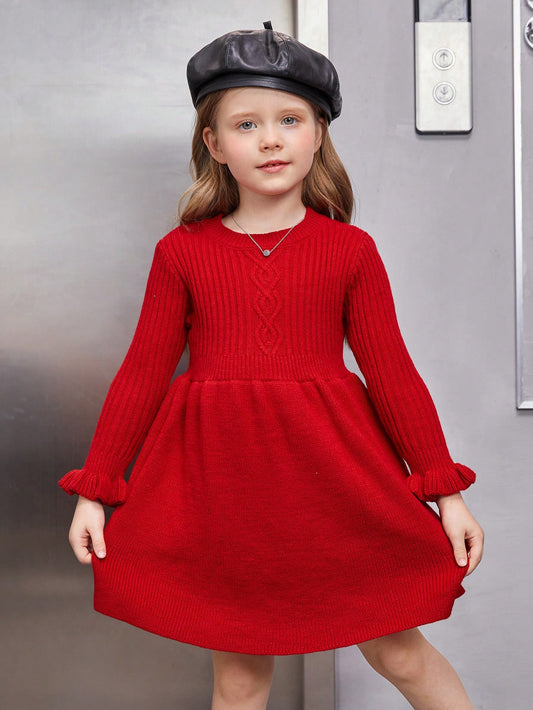 Young Girl Ruffle Cuff Sweater Dress