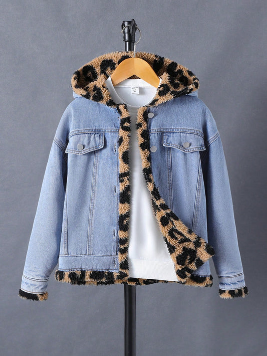 Tween Girl 1pc Leopard Teddy Lined Drop Shoulder Hooded Denim Jacket