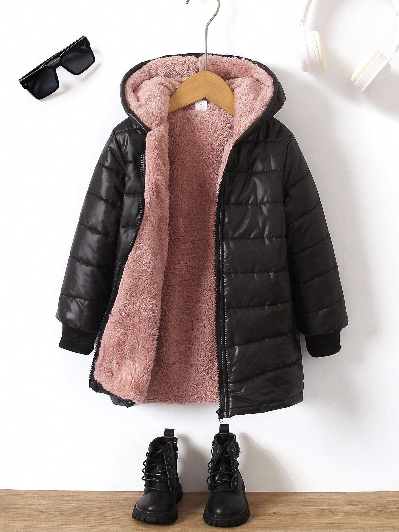 Girls' Thicken Quilted Hooded Zip-Up Jacket