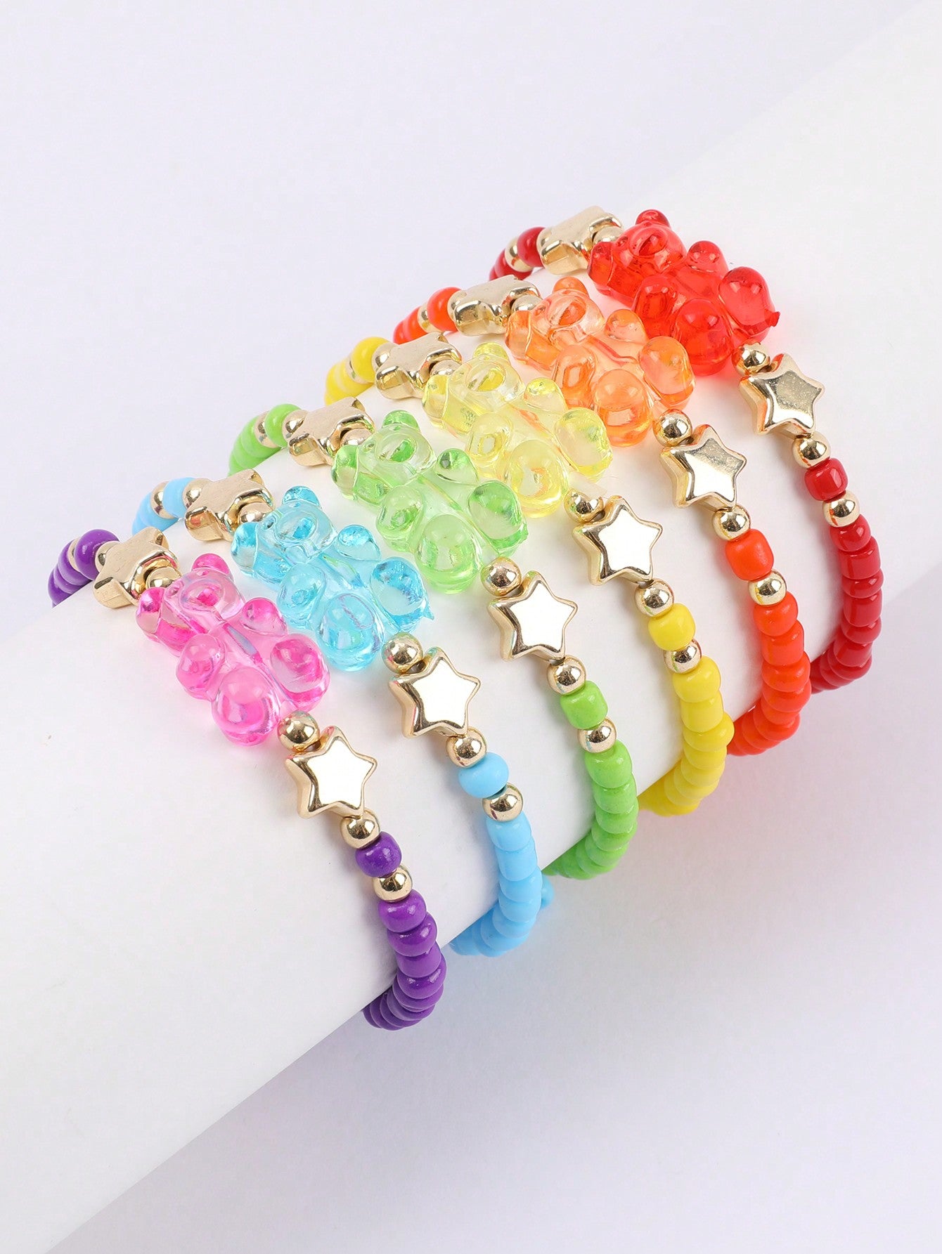 6pcs Rainbow Glass Bead Lovely Transparent Bear Shaped Bracelet Set For Kids, Teens, Girls