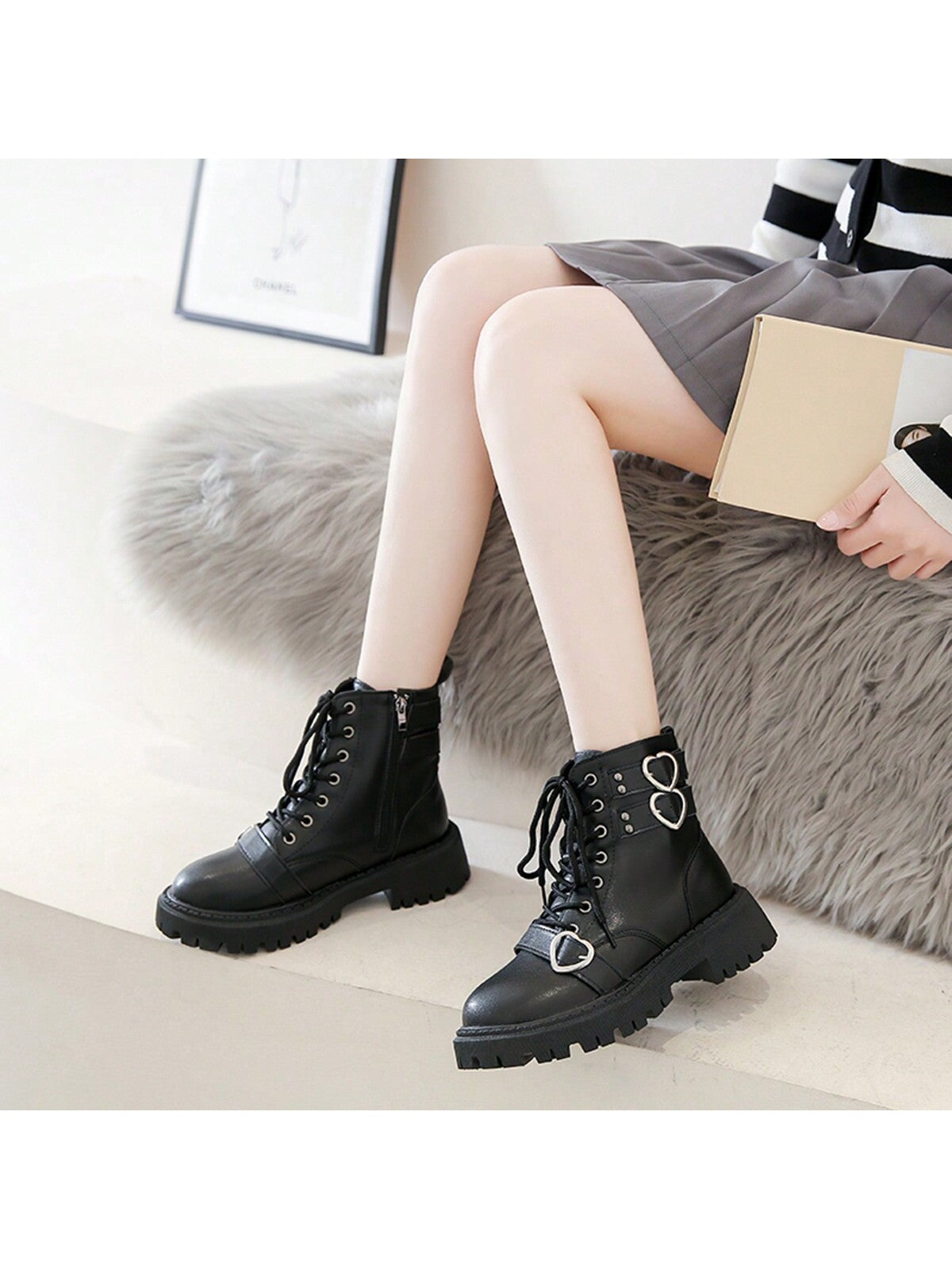 Women's Fashion Boots  Side Zip Round Toe Boots Lace Up Combat Boots