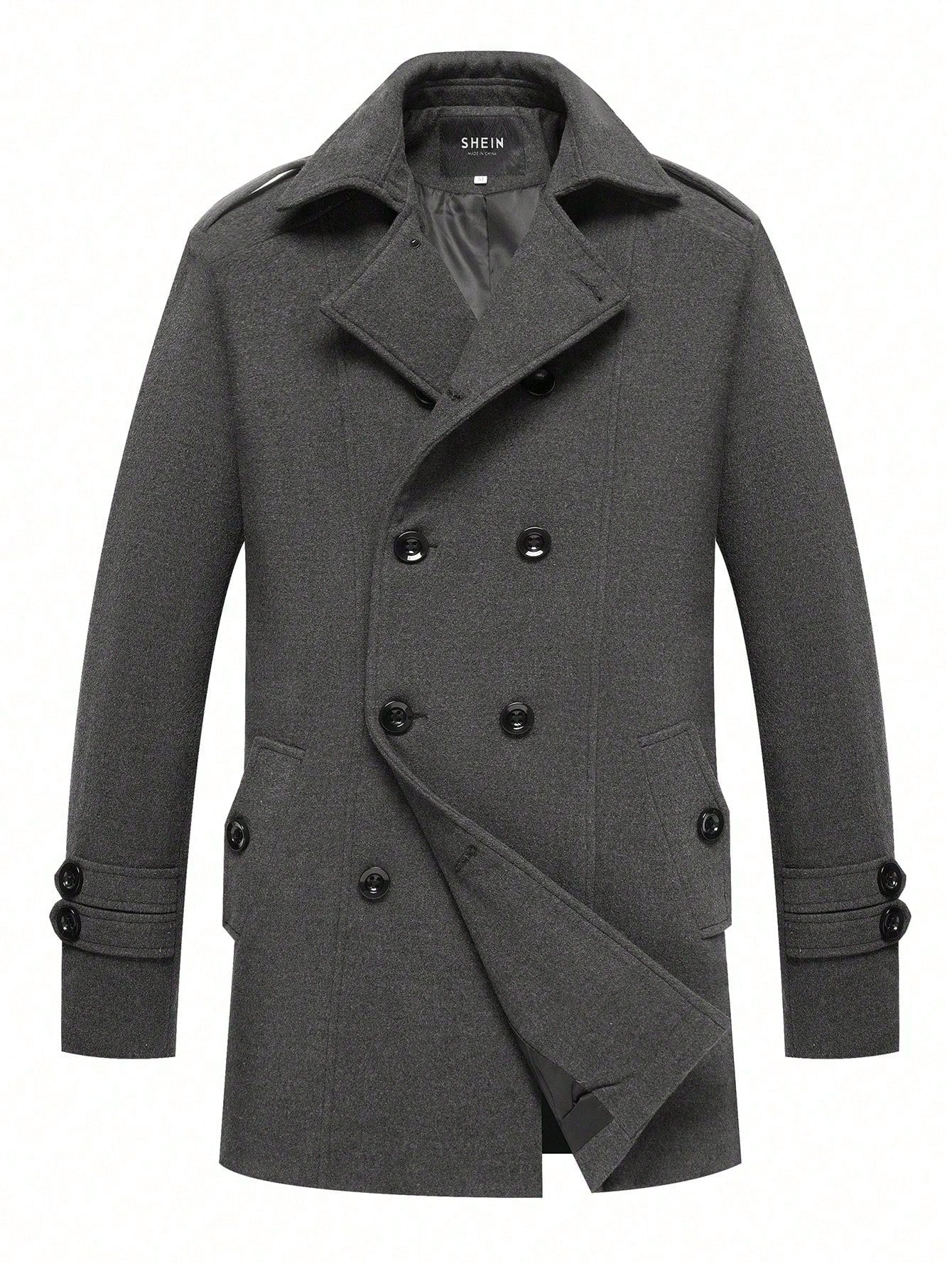 Loose Fit Men's Double Breasted Pea Coat With Slant Pockets