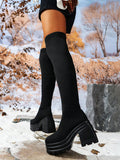 Women's Fashionable Black Over-the-knee Boots, Thick-soled And High-heeled Knitted Stretch Boots For 2023 Autumn And Winter, With Chunky Heels To Make You Look Slimmer