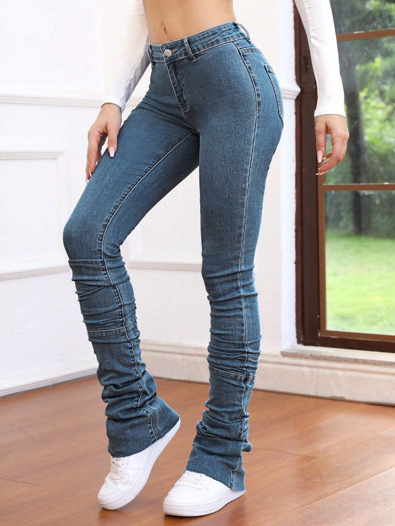 Frenchy Solid Ruched Stacked Skinny Bodycon Jeans