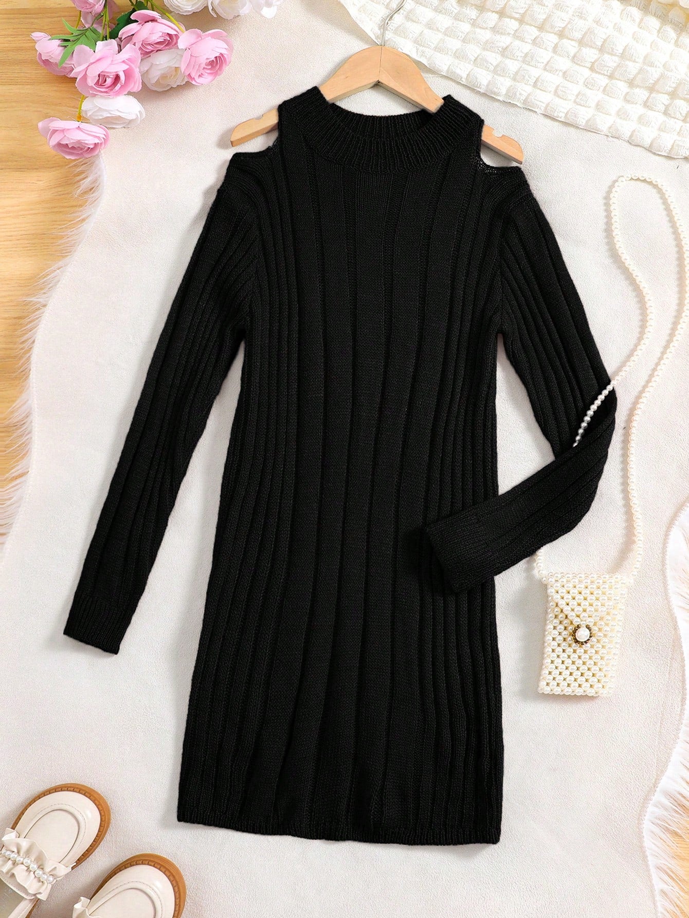 Tween Girl Cold Shoulder Ribbed Knit Sweater Dress