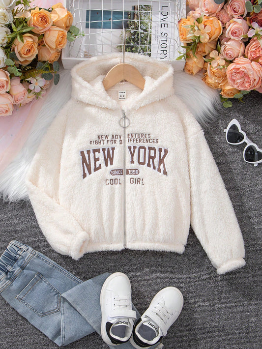 Tween Girl Slogan Embroidery Zip Up Hooded Teddy Jacket