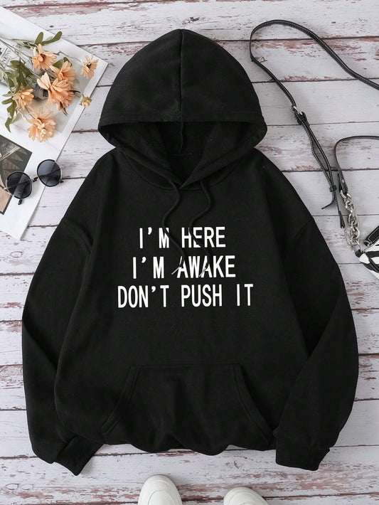 Slogan Graphic Kangaroo Pocket Drawstring Thermal Hoodie