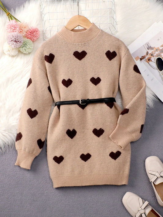 Tween Girl Heart Pattern Mock Neck Lantern Sleeve Sweater Dress Without Belt