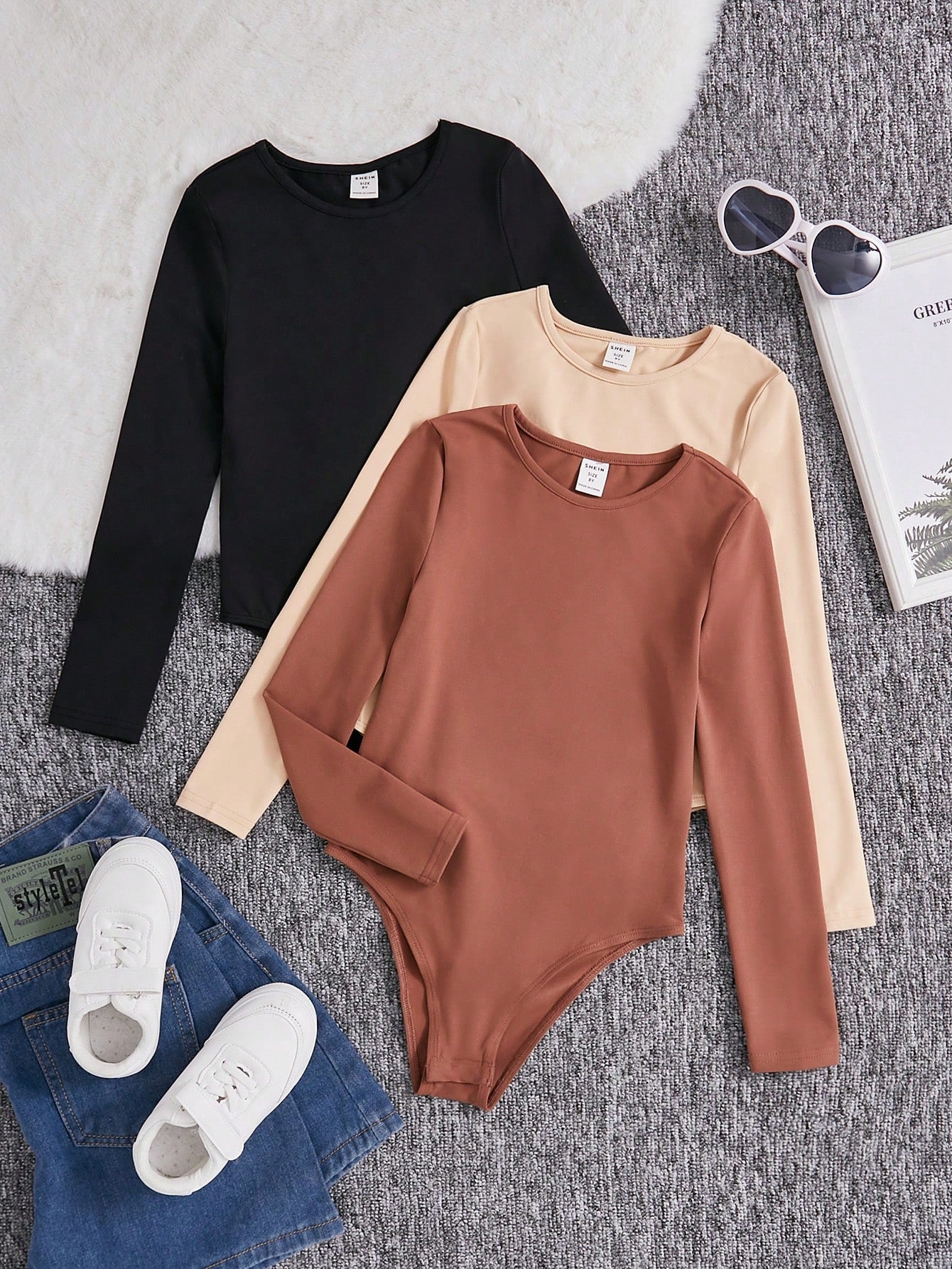 Tween Girl Three-Piece Knitted Solid Color Round Neck Fitted Casual Bodysuits