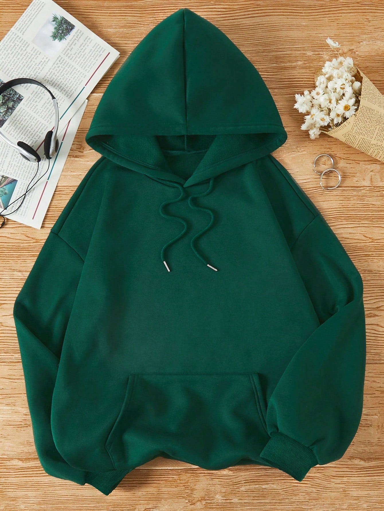 Solid Kangaroo Pocket Drawstring Thermal Lined Hoodie