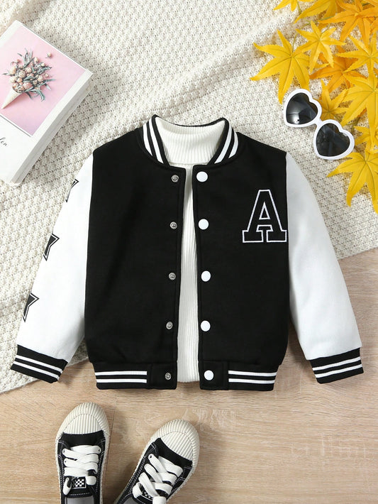 Young Boy Embroidery Letter Pattern Striped Trim Varsity Jacket