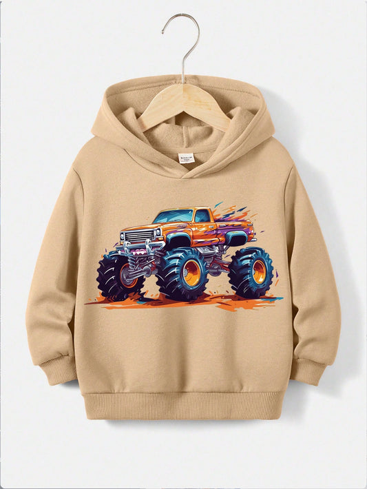 Young Boy Casual & Minimalist Off-Road Vehicle Printed Hoodie, Suitable For Autumn & Winter