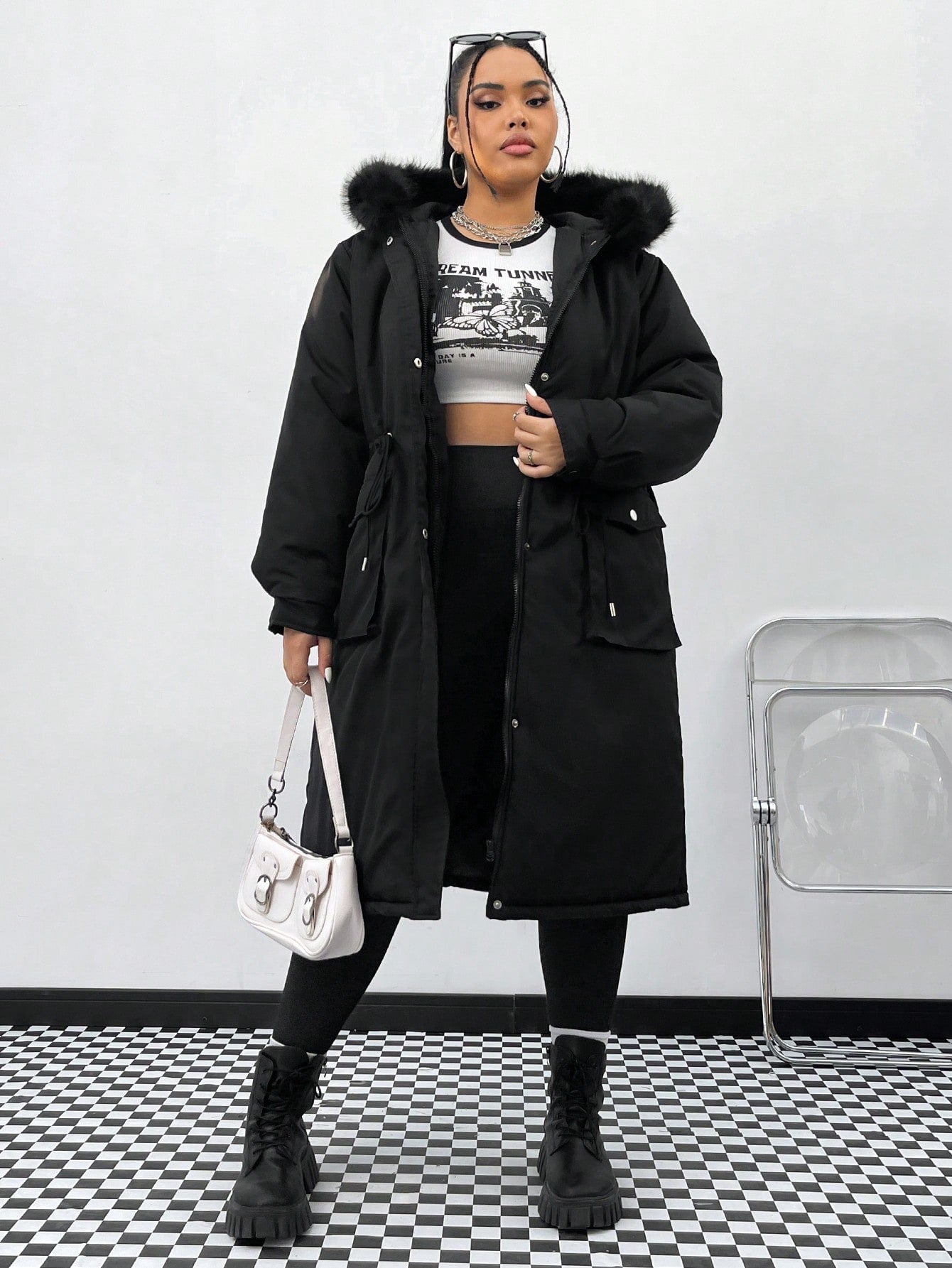 Plus Drawstring Waist Fuzzy Trim Hooded Parka Coat