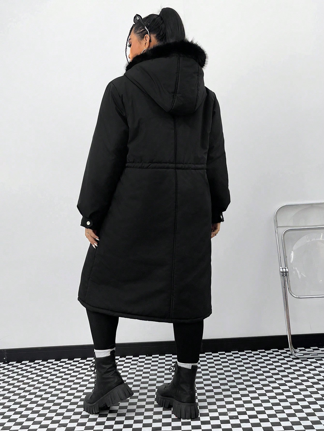 Plus Drawstring Waist Fuzzy Trim Hooded Parka Coat