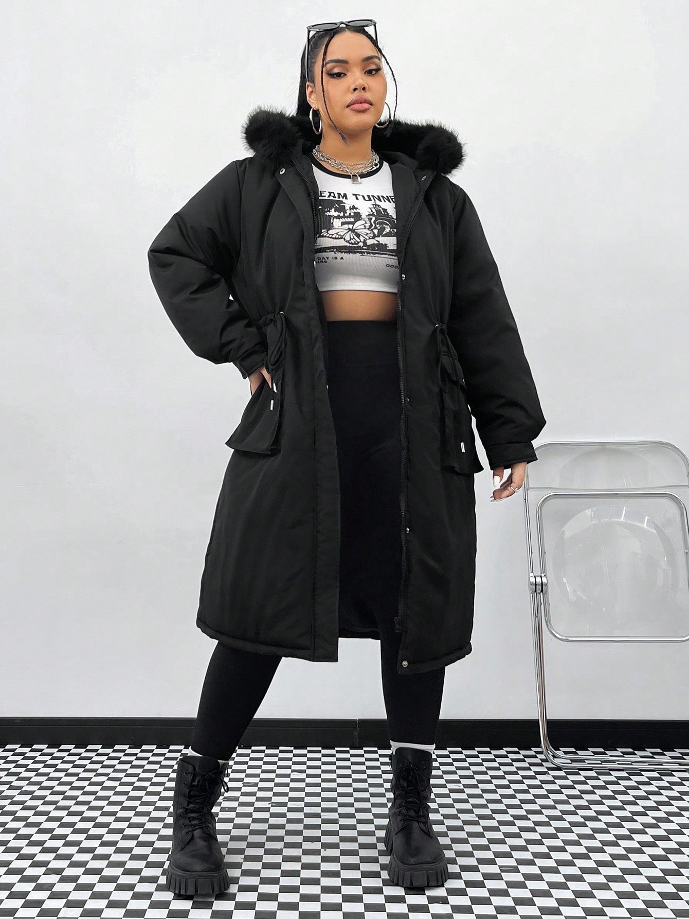 Plus Drawstring Waist Fuzzy Trim Hooded Parka Coat