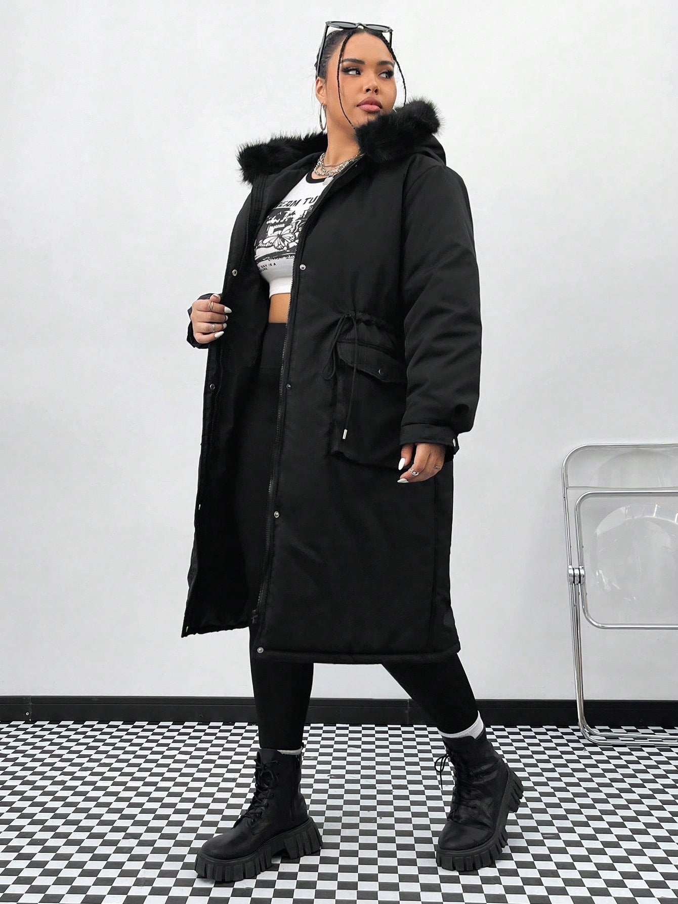 Plus Drawstring Waist Fuzzy Trim Hooded Parka Coat