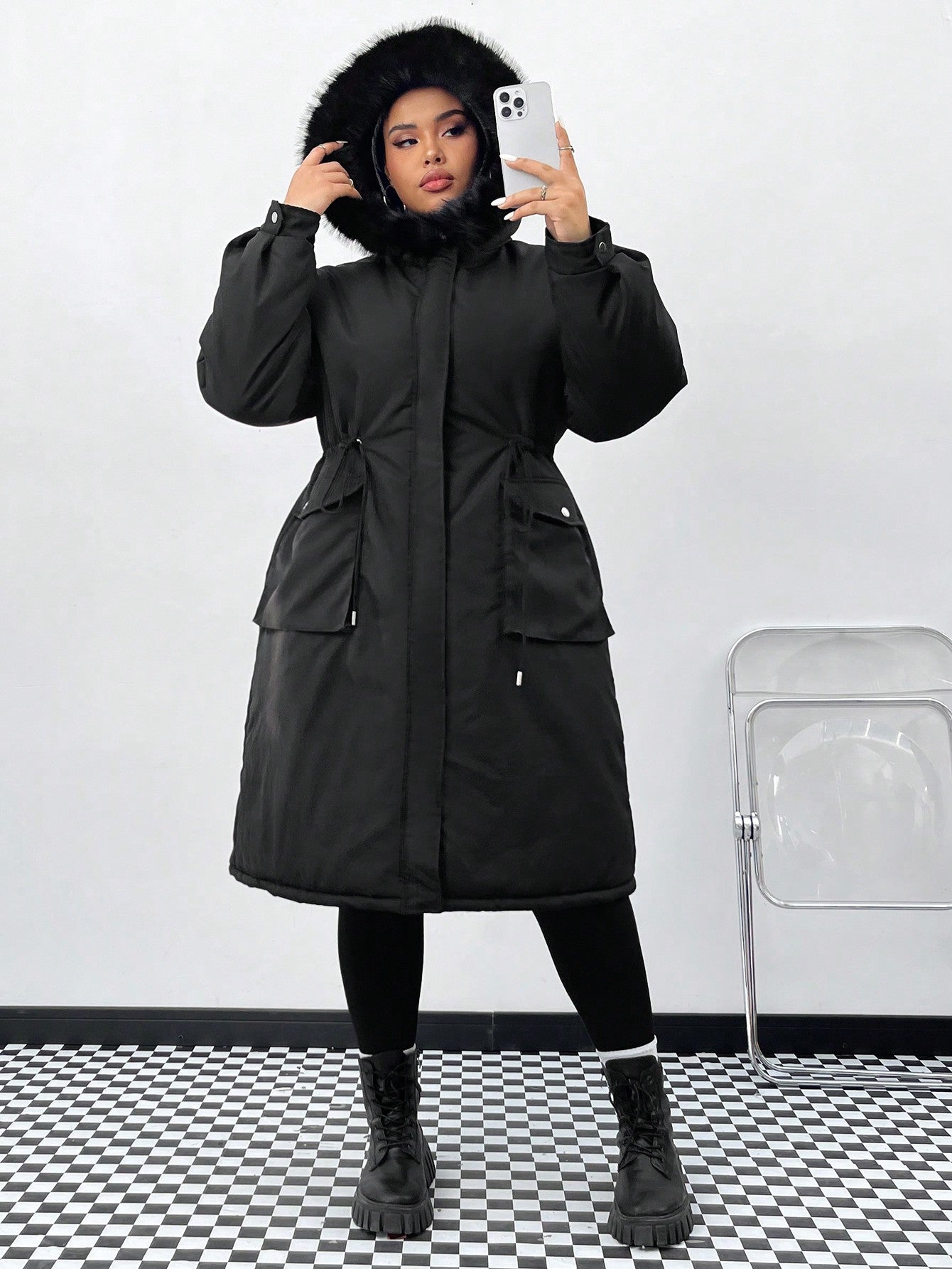 Plus Drawstring Waist Fuzzy Trim Hooded Parka Coat