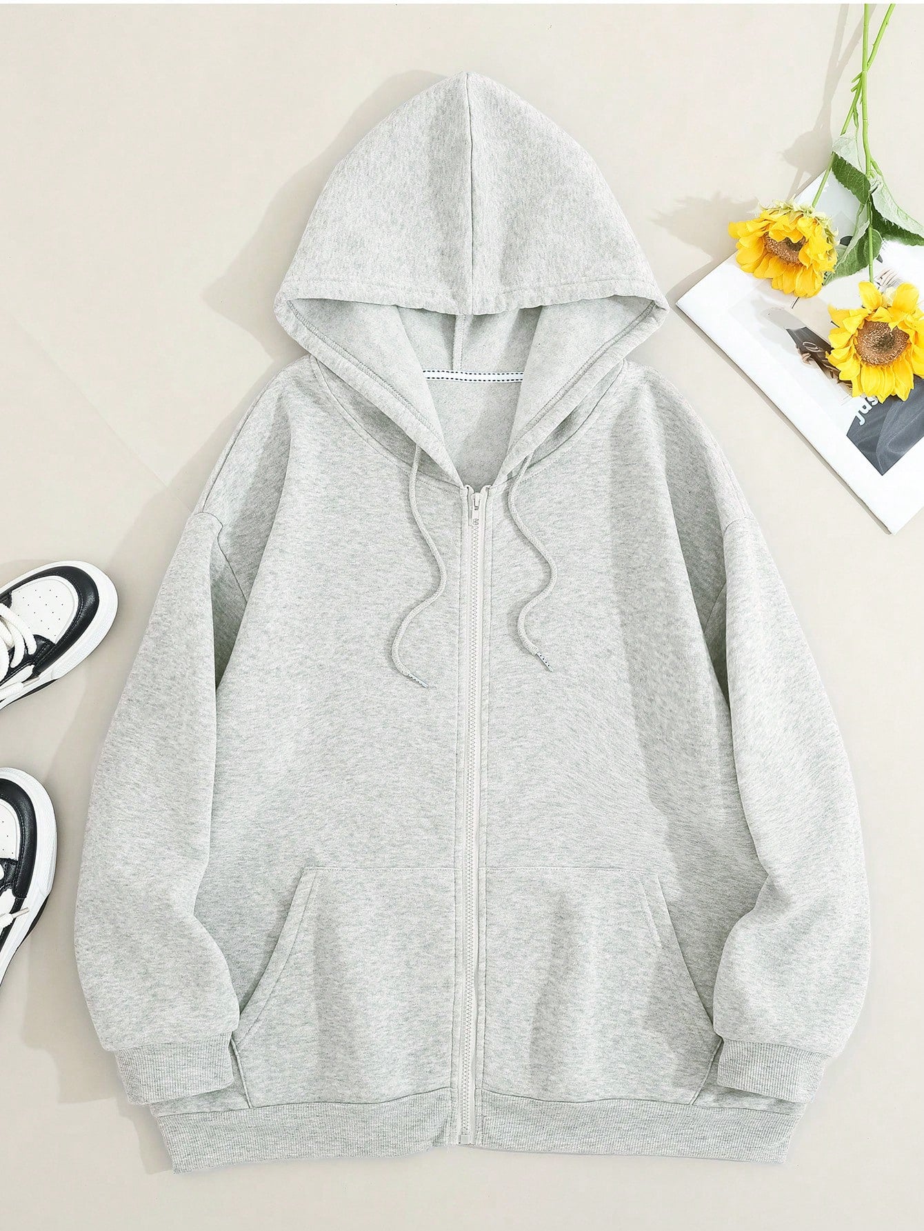 Plus Solid Zip Up Drawstring Thermal Lined Hoodie