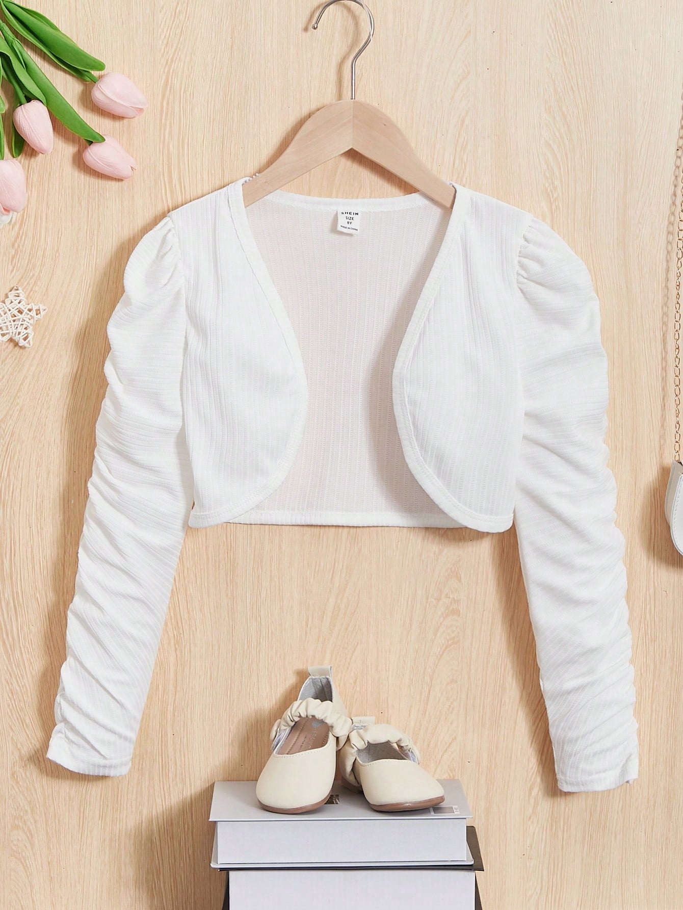 Tween Girl 1pc Ruched Sleeve Open Front Crop Jacket