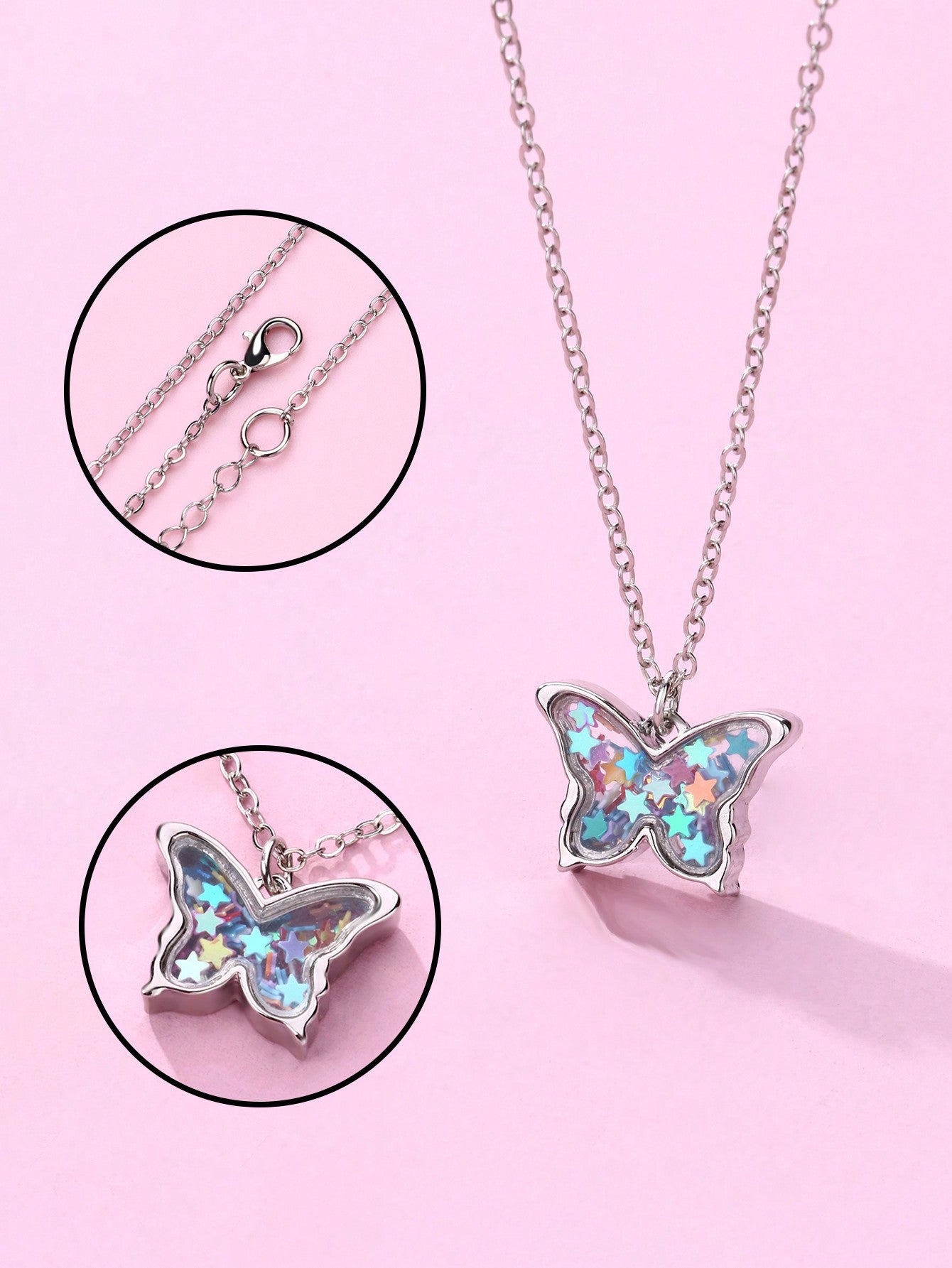 1pc Girls' Butterfly Zinc Alloy Five-pointed Star & Pvc Colorful Glitter Pendant Necklace, Suitable For Daily Wear