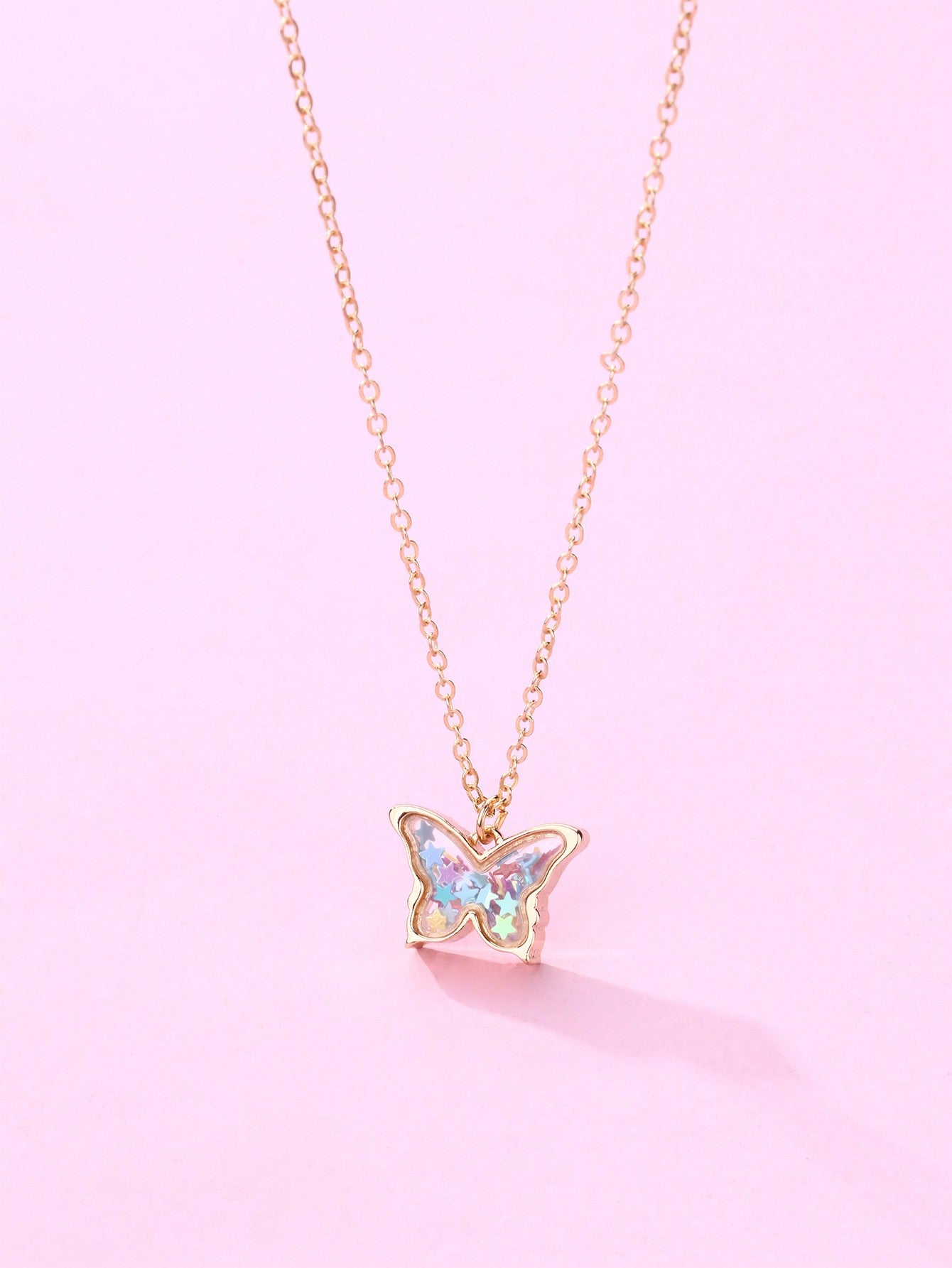 1pc Girls' Butterfly Zinc Alloy Five-pointed Star & Pvc Colorful Glitter Pendant Necklace, Suitable For Daily Wear