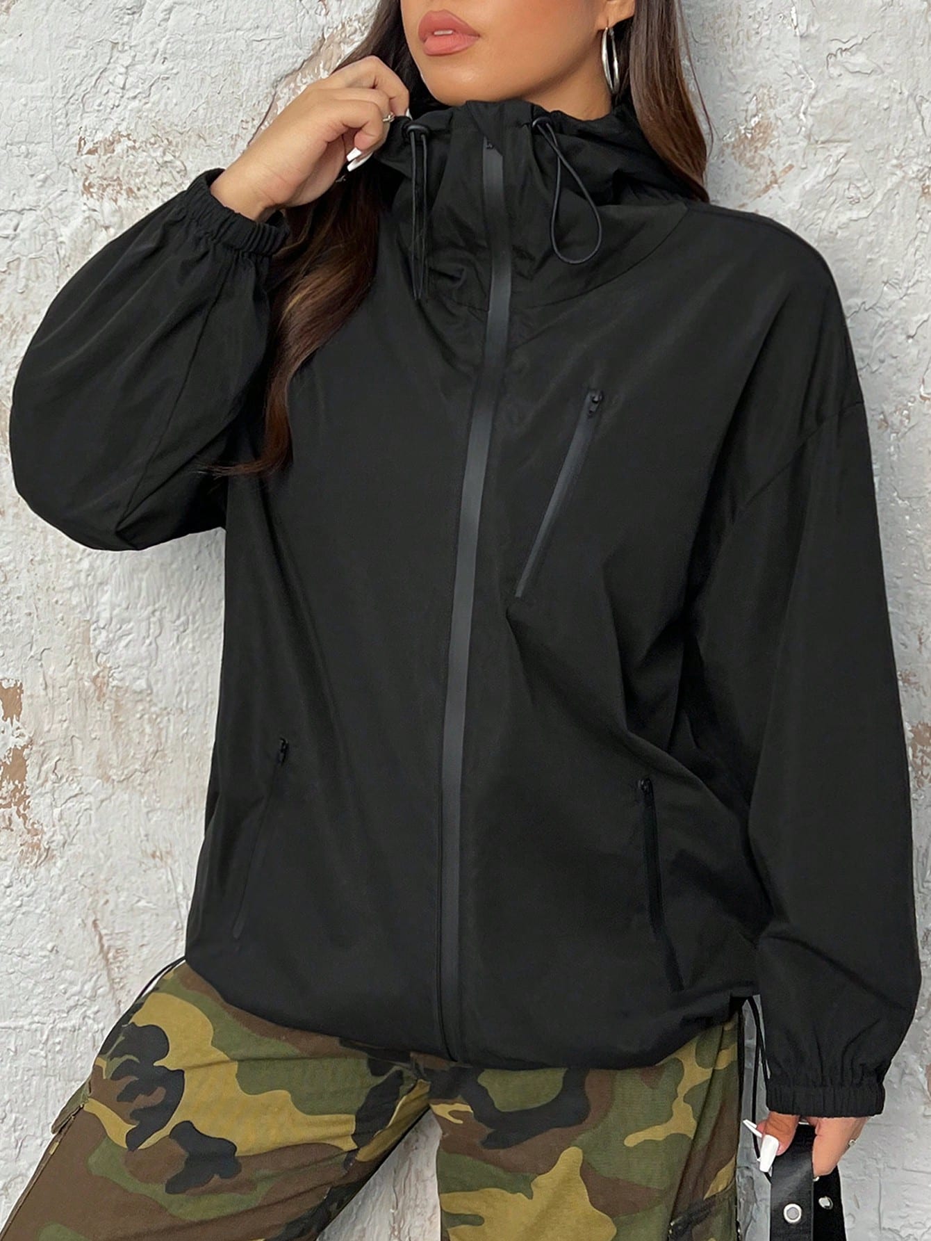 Plus Size Women's Zip Up Drop Shoulder Drawstring Hooded Jacket