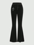 Goth Cross Pattern Drawstring Waist Velvet Flare Leg Pants, School