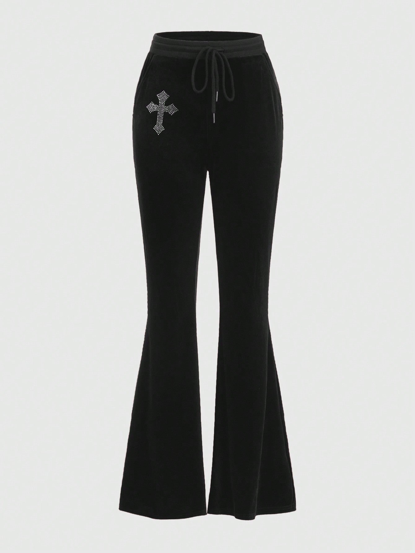 Goth Cross Pattern Drawstring Waist Velvet Flare Leg Pants, School