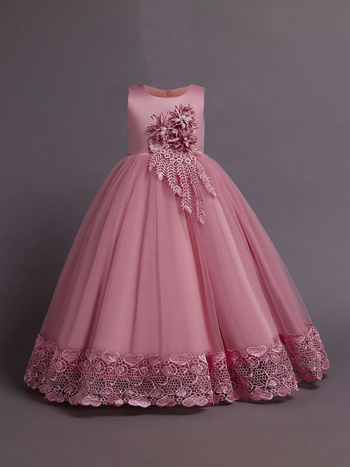 Tween Girl Solid Color Tulle Dress With 3d Flowers Decor For Elegant & Gorgeous Look, Perfect For Wedding & Banquet