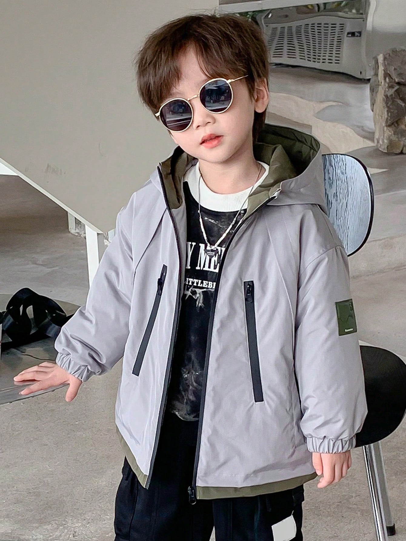 Boys' Casual Hooded Padded Coat With Letter Patch Design For Autumn/winter