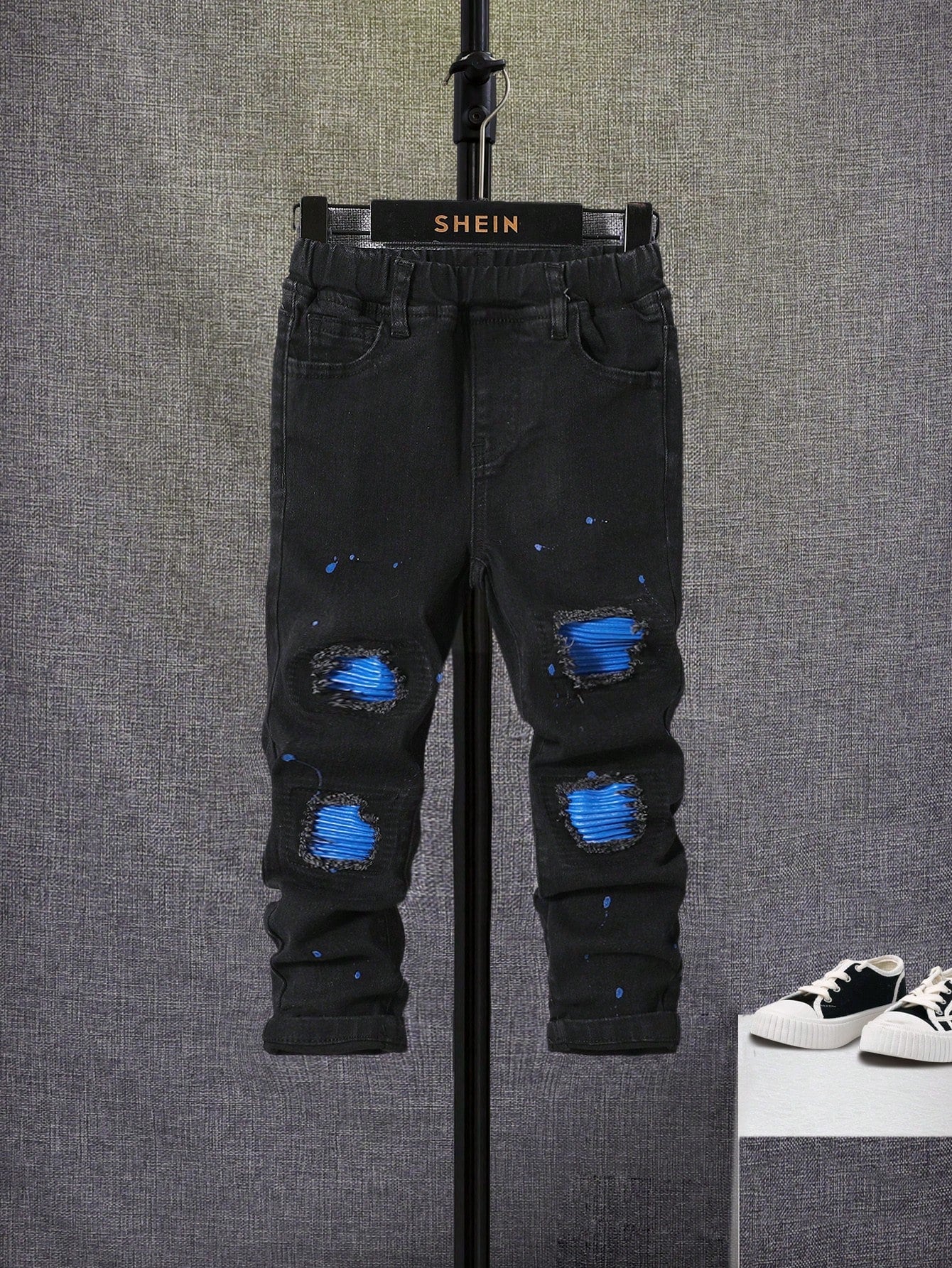 Young Boy Ripped Frayed Splash Ink Print Jeans