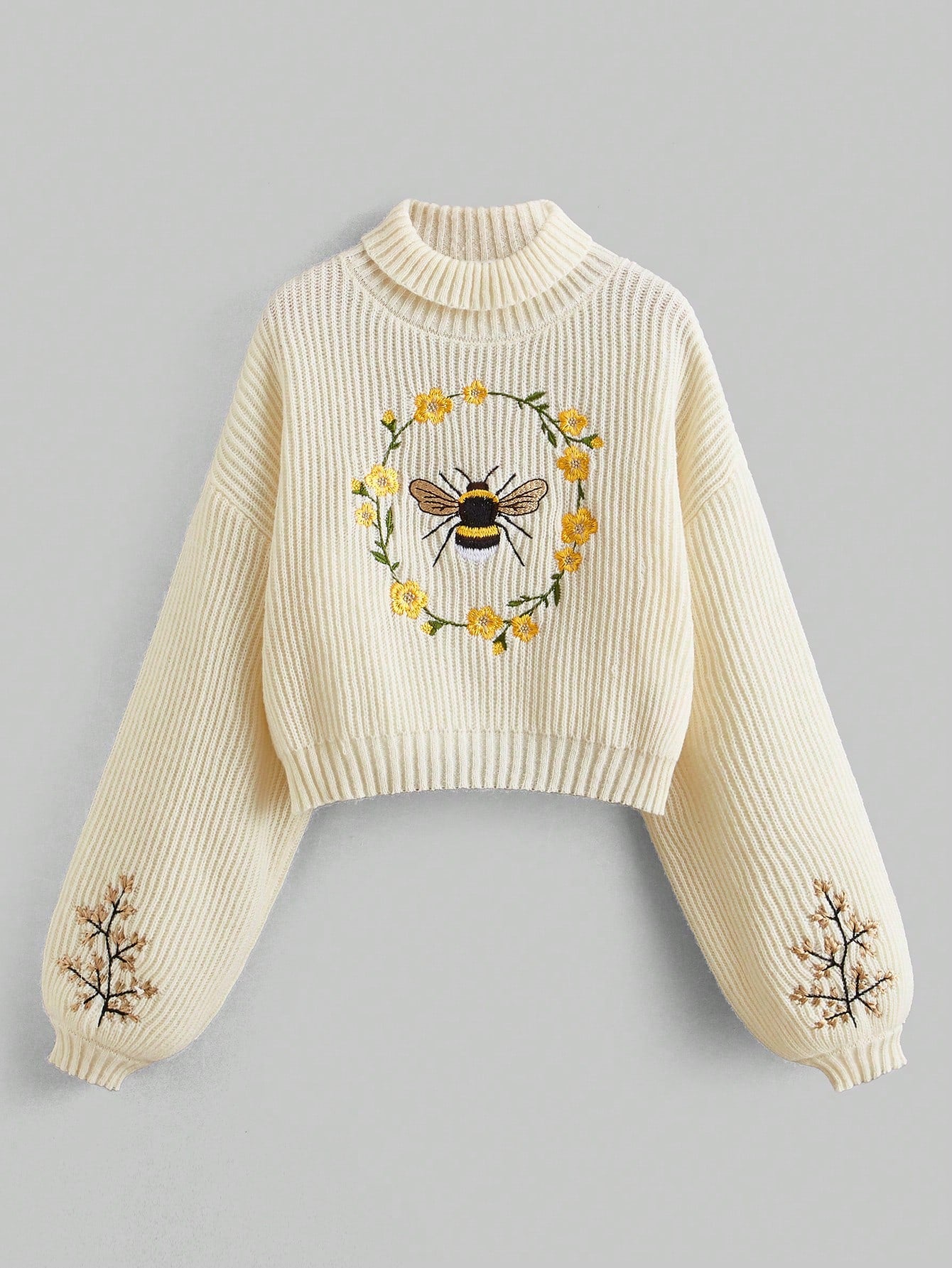 Fairycore Plus Size High Neck Sweater With Bee & Flower Embroidery