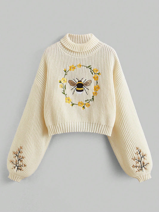 Fairycore Plus Size High Neck Sweater With Bee & Flower Embroidery