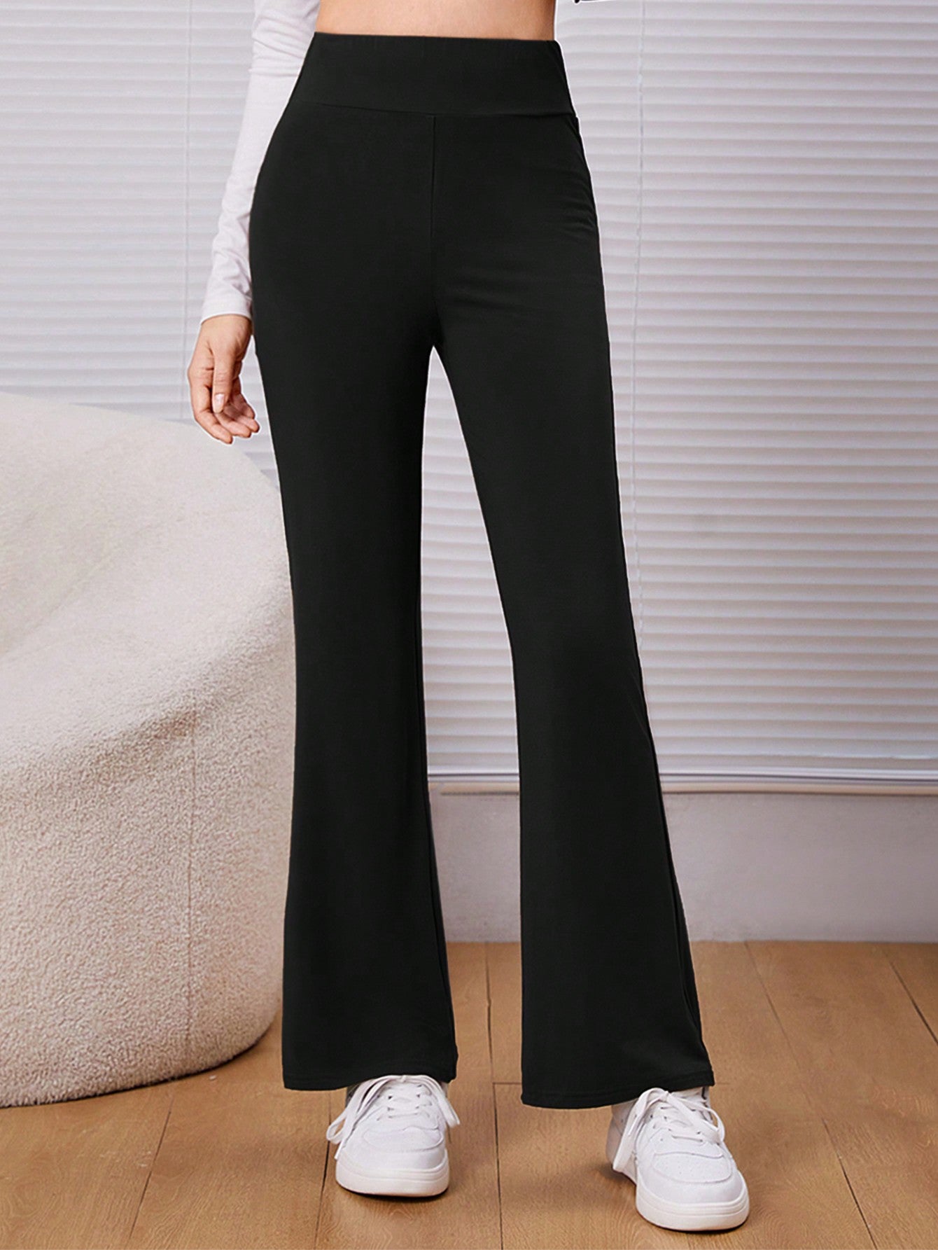 Teenage Girls' Solid Color Long High Waisted Bell Bottom Pants