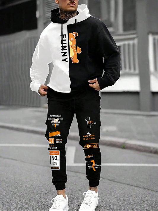 Men Bear & Letter Graphic Two Tone Drawstring Hoodie & Sweatpants