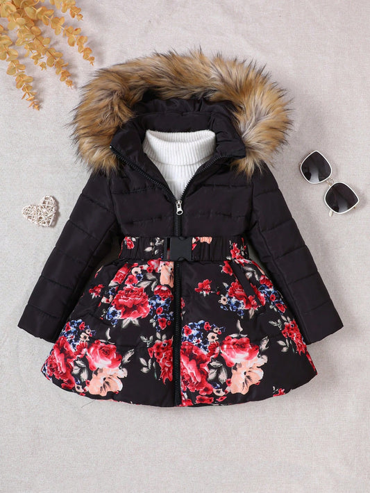 Little Girls' Hooded Belted Padded Jacket With Trim And Floral Print Patchwork