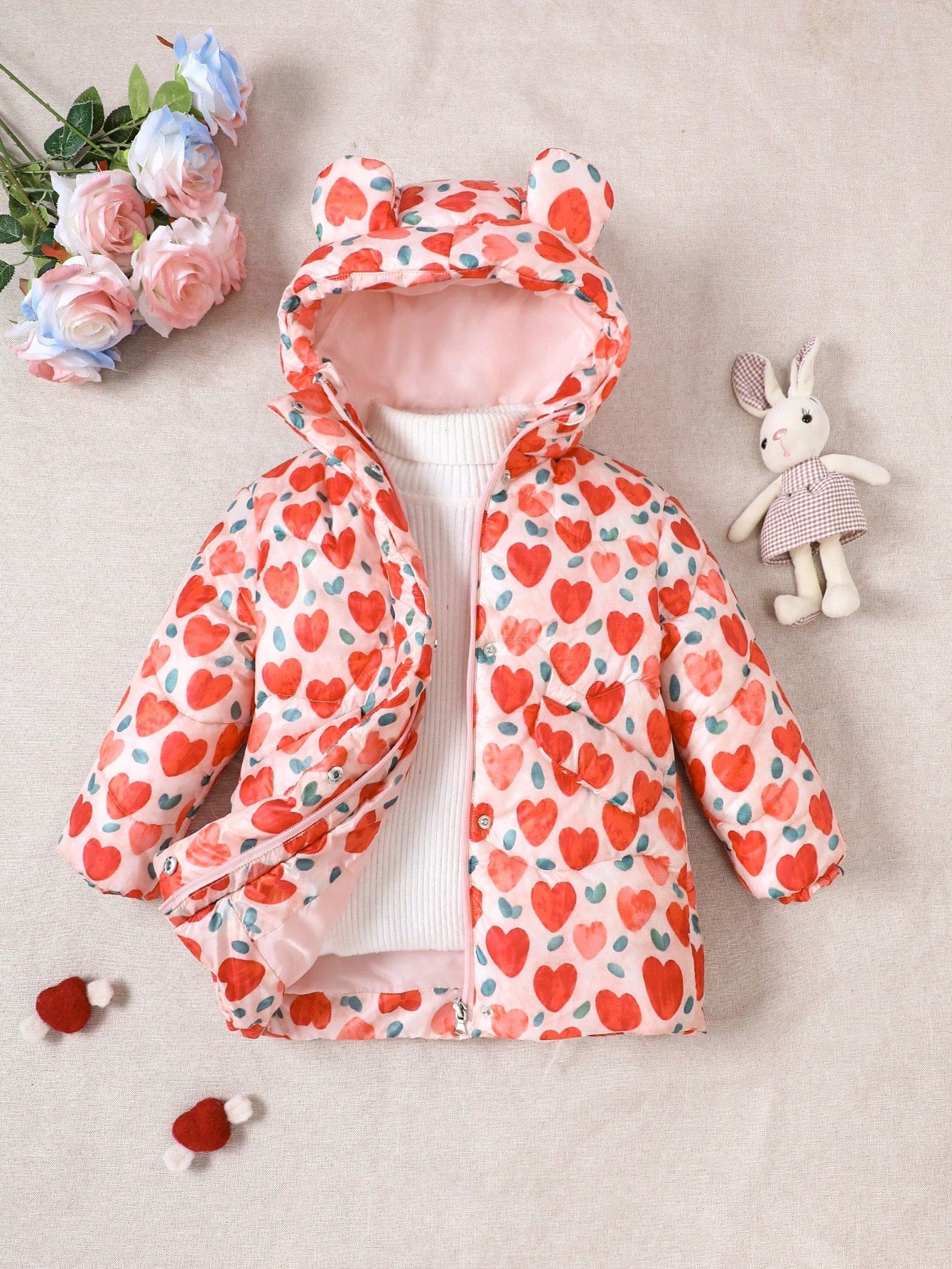 Toddler Girls' Full-print Heart Pattern 3d Ear Hooded Padded Coat