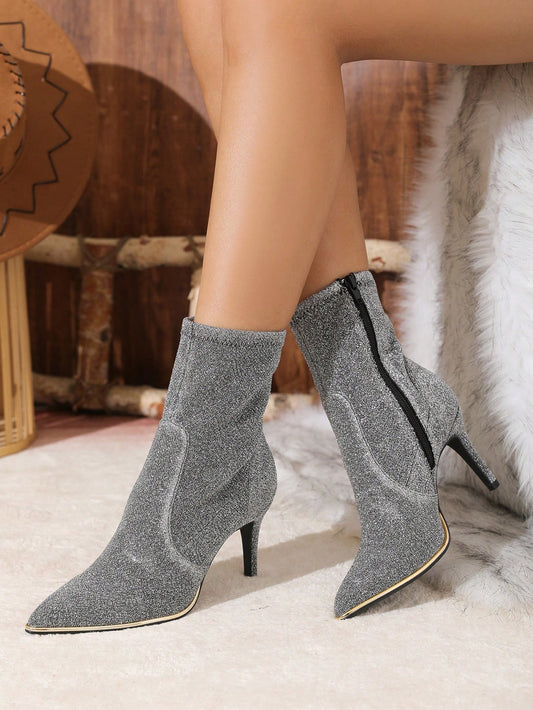 New Style Women&#39;s Pointed Toe Silver-grey Fashionable Slim High Heel Stretchy Boots