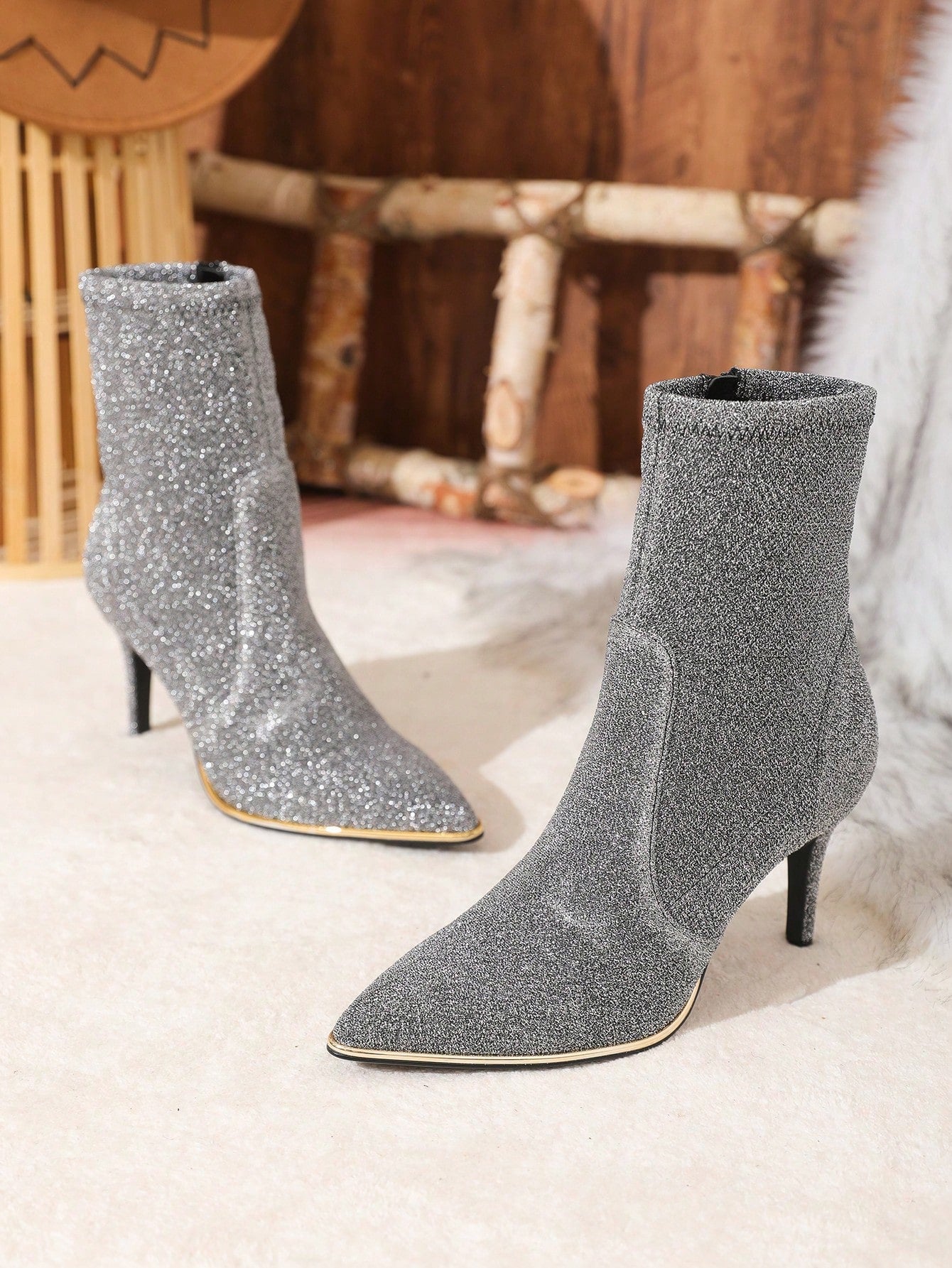 New Style Women's Pointed Toe Silver-grey Fashionable Slim High Heel Stretchy Boots