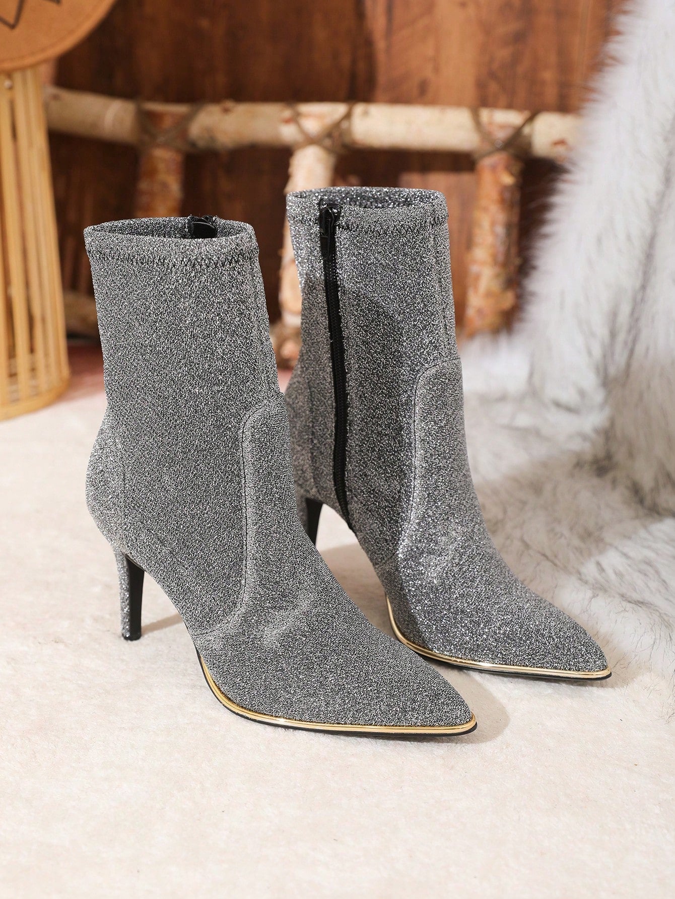 New Style Women's Pointed Toe Silver-grey Fashionable Slim High Heel Stretchy Boots