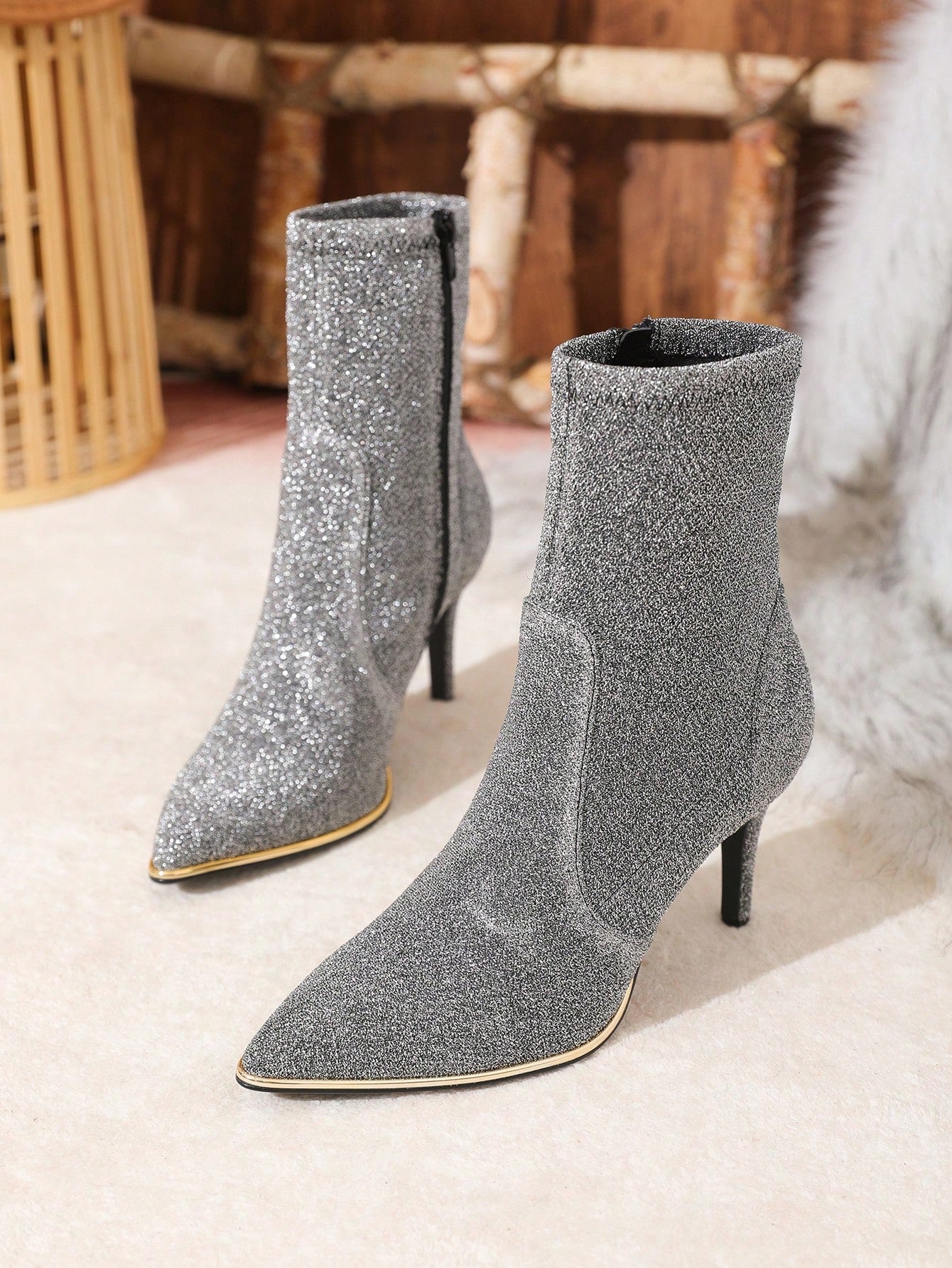 New Style Women's Pointed Toe Silver-grey Fashionable Slim High Heel Stretchy Boots