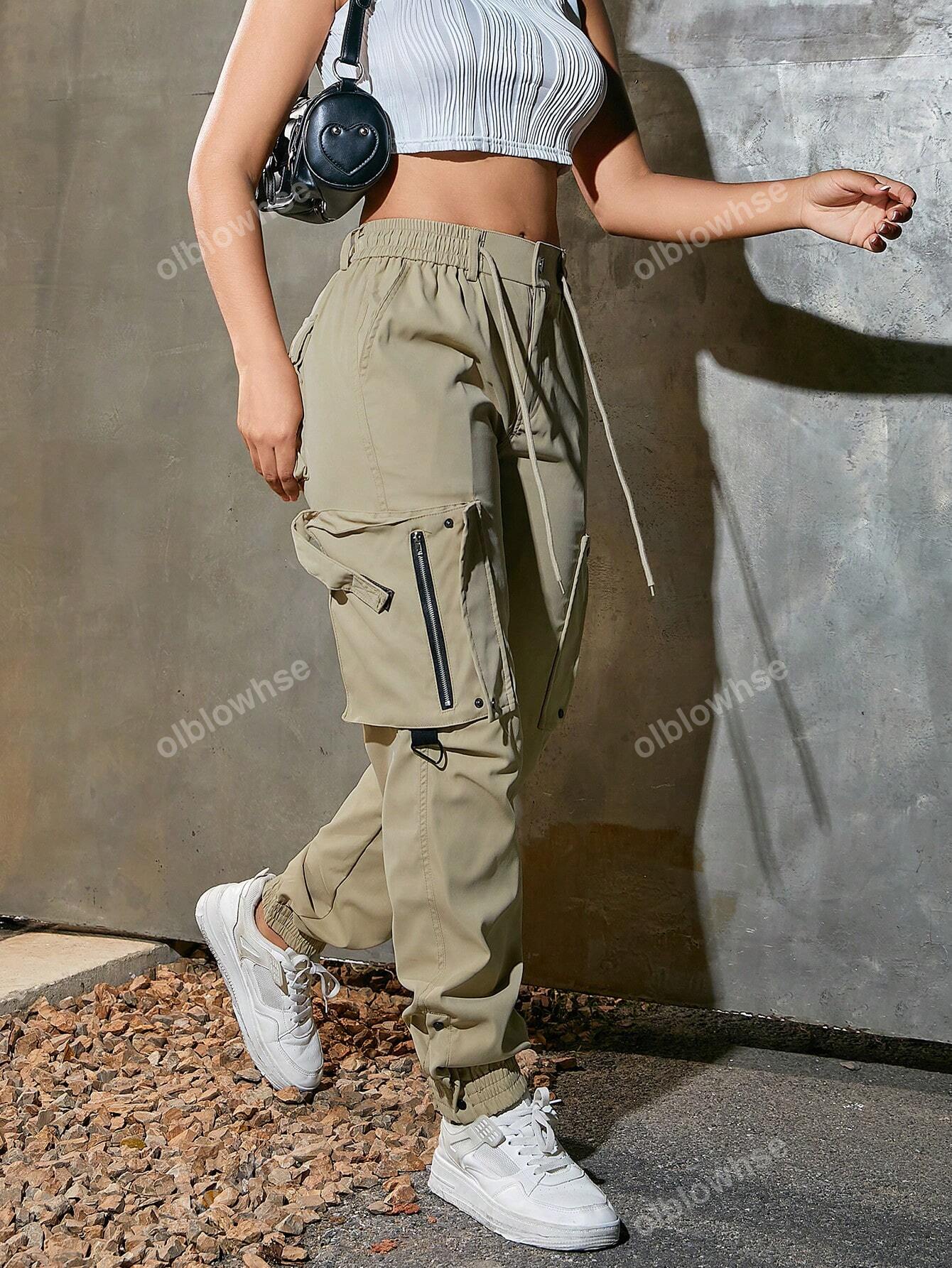 Y2K Elastic Waist With Drawstring Flap Pocket Zipper Detail Metal Button Slit Hem Cargo Jogger Pants