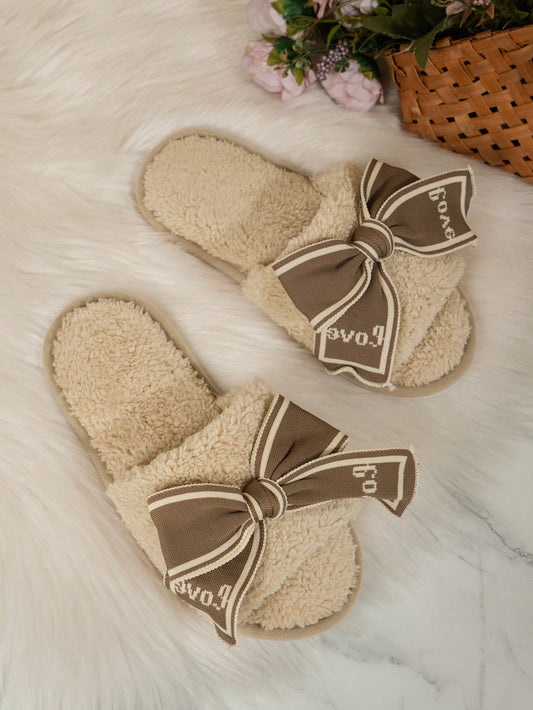 Women's Home Plush Slippers, Silent & Bowknot Decor & Anti-slip, Slight Color Difference Due To Computer/phone Monitor