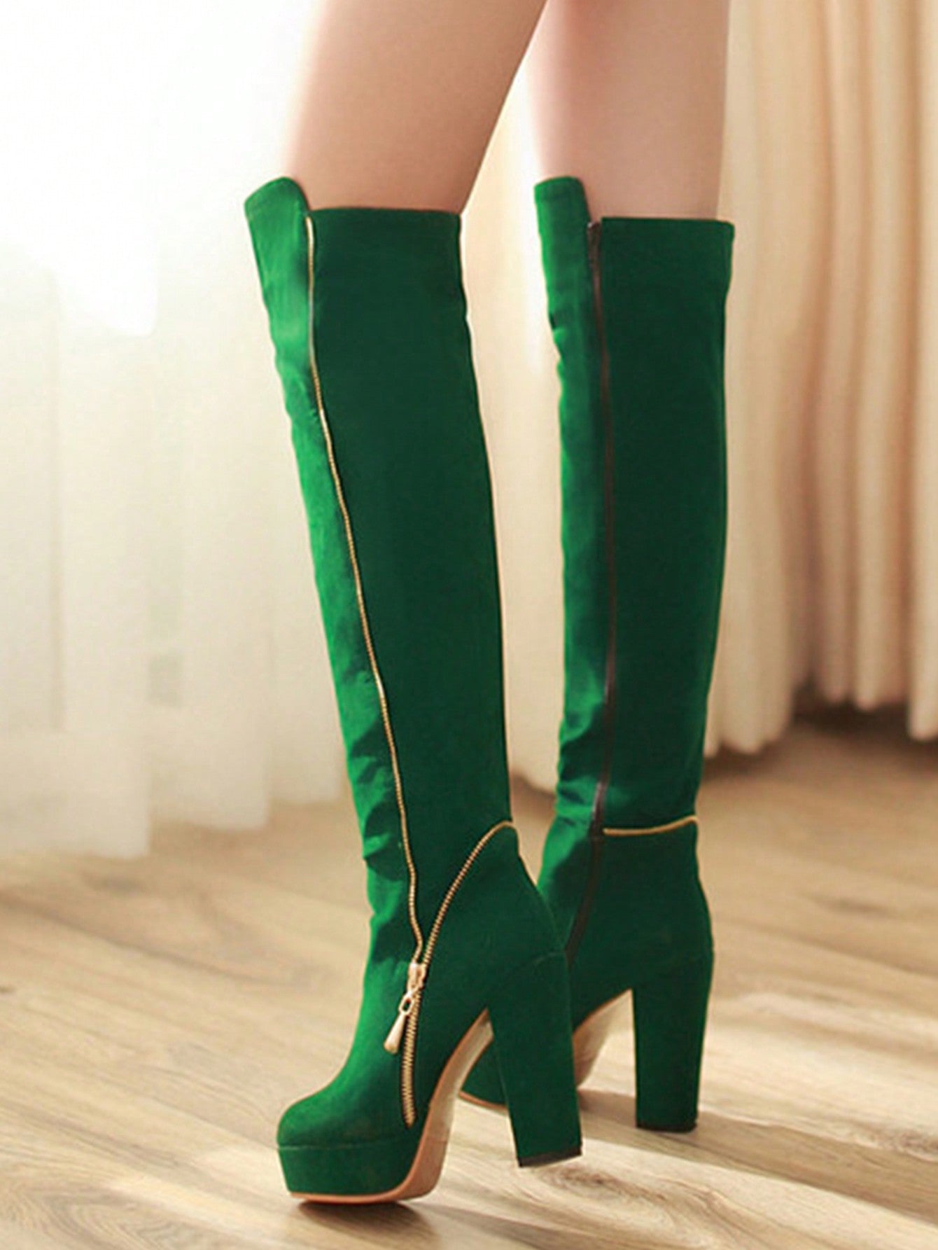 Women Fashionable Elegant Chunky Round Toe Over The Knee Boots, Green Thigh High Boots, Winter Women Boots, Block Heels, Christmas Party